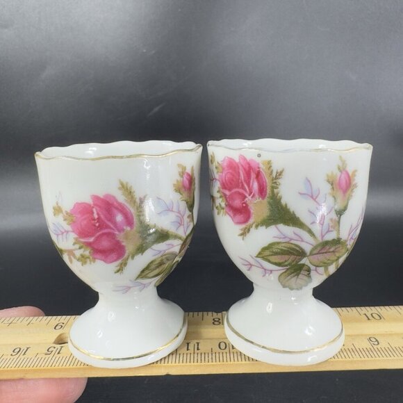 Vintage Fine Porcelain Egg Cup Holder Set 2 Gold Trim Floral Pattern Made Japan - Picture 8 of 10
